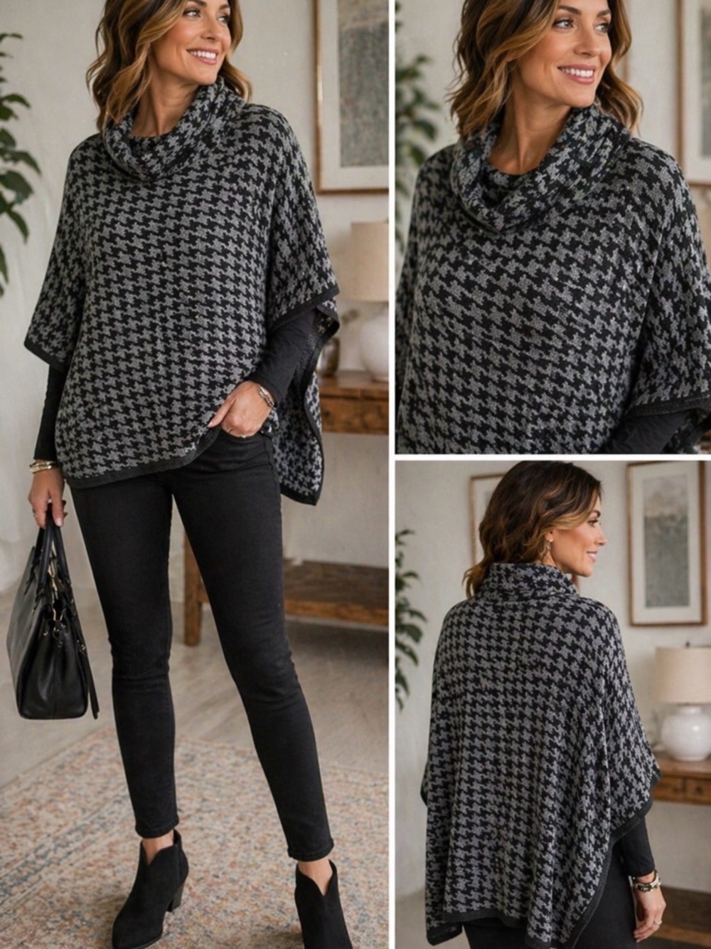 LOFT Gray Houndstooth Poncho Sweater with Cowl Neck